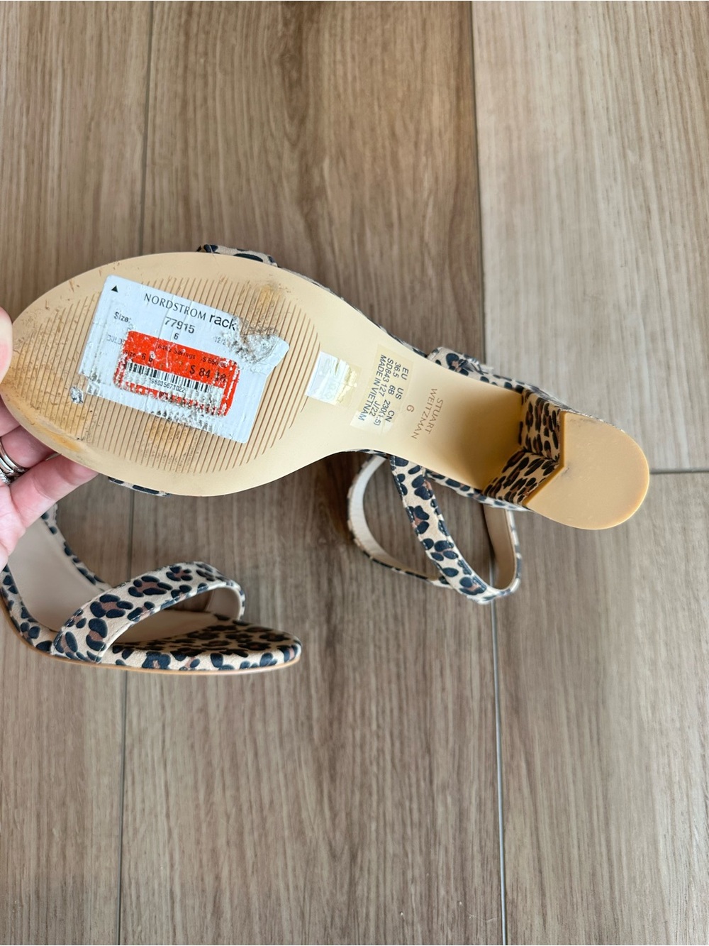 Stuart Weitzman Leopard Print Block Heel Sandals in Tan and Black - Picture 8 of 11